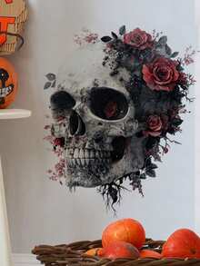 1 件万圣节搞笑骷髅和花朵墙贴，恐怖骷髅浪漫背景墙装饰可移除海报，适用于卧室、客厅、走廊、入口、厨房、浴室、节日家居装饰万圣节装饰秋季装饰房间装饰秋季装饰