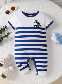 Baby Boys Cute Casual Gift Outdoor Comfortable Soft Cartoon Horse & Letter Print Colorblock Striped Crew Neck Short Sleeve Romper, Summer