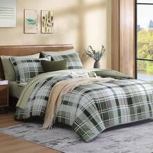 King Comforter Set, Classic Red Black Plaid-Piece Bedding Set, Farmhouse Lightweight All-Season Bed In A Bag With Sheets, Pillowcases & Shams, Home Decor - 橄欖綠 - 查看 2