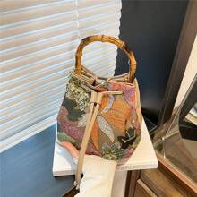 High-End Sequin Bamboo Bucket Bag New Niche Women's Bag Summer Popular Embroidery Straw Woven Crossbody Bag