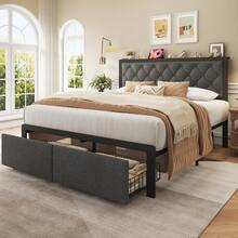 Gunji Bed Frame With 2 Storage Drawers, Tufted Upholstered Headboard With Charging Post, No Springs, No Noise, All-Metal Construction,Grey - 灰色 - 查看 3