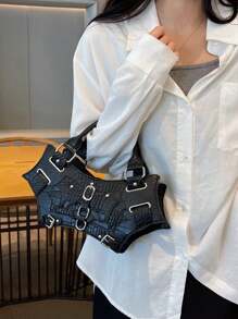 Gothic Bat Wing Handbag Y2K Rock Punk Style Rivet Decoration Solid Color Crocodile Pattern Adjustable Shoulder Strap Shoulder Crossbody Bag Suitable For Cosplay Party Halloween Music Festival Street Shooting.