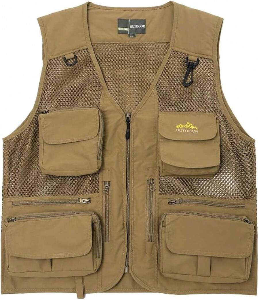 Men's Mesh Breathable Openwork Camouflage Journalist Photographer Fishing Vest Waistcoat CoatChristmas FW4R - 卡其色02 - 查看 1