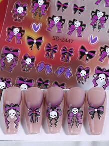 Pegatinas para uñas de Calavera de Moño 5D, 2 piezas, diseño de Corazón de Moño y Calavera, en colores púrpura, negro y blanco, decoración de uñas autoadhesiva, estilo Y2K japonés y coreano, para otoño e invierno, suministros de arte de uñas