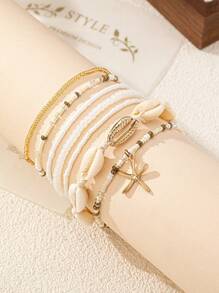 1 Set Nuevo Pulsera bohemia de conchas marinas y cuentas para mujeres, diseño de estrella de mar adecuado para la playa, vacaciones y uso casual
