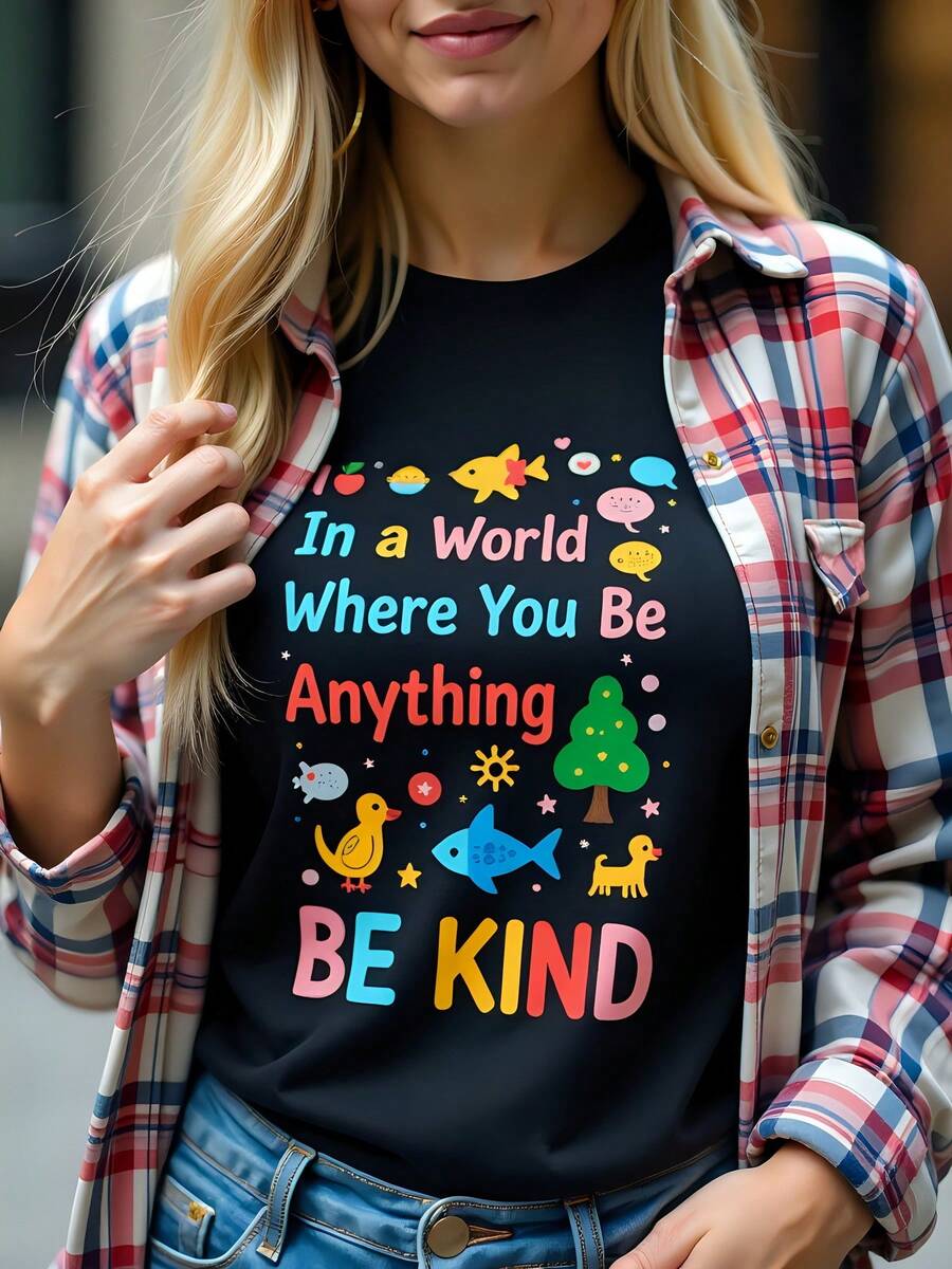 Camiseta 180g de Algodón con Cuello Redondo y Manga Corta Estilo Casual con Inspirador Mensaje en Inglés "Be Kind" Ideal para el Día a Día con Estampado de Animales Perfecta para Outfit Urbano Juvenil y Amante de la Moda Responsable - Negro - Ver 1