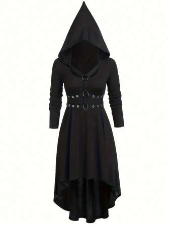 Plus Size Gothic Halloween Dress With Hood - Witch Costome Long Sleeve Dress, Elegant Vampire Medieval Dress For Women (Black 1-5X)