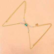 Vintage Square Green Synthetic Gem Chest Chain Body Jewelry With Shiny Transparent Gems - Golden Bikini Top Accessory, Suitable For Women's Daily Wear And Gifts