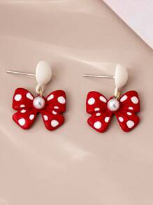 1 par de pendientes personalizados de moda con estampado de lunares rojos y moños multicolor, adecuados para niñas, uso diario y fiestas