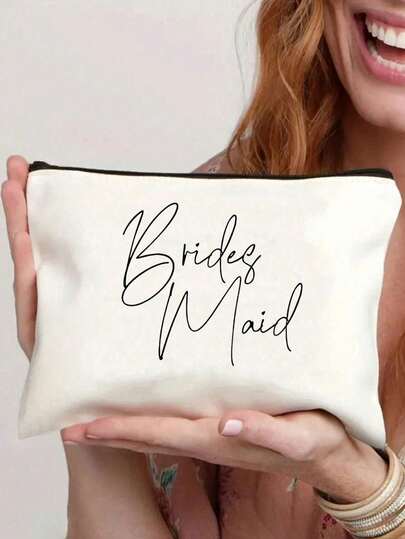 Bridesmaid Makeup Bag, Bridesmaid Gift Bag, Wedding Travel Toiletry Bag With Zipper, Bridal Party Pouch, Wedding Bachelorette Party Engagement Party Favor, Monogram Cosmetic Bag, White Letter Makeup Organizer Bag, Boho Style, Suitable For Vacation, Beach, Bathroom, Bedroom, Large Capacity