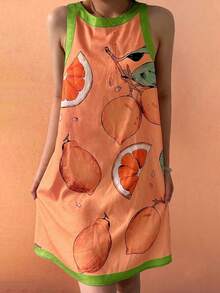 Sea Starshine 波西米亚风夏季沙滩休闲度假舒适女式撞色柠檬叶印花无袖连衣裙，适合早午餐 - 橘色 - 查看 5