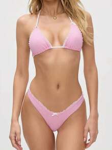 Womens Swimsuits Thong Micro Bikini Ditsy Two Piece Sets Bathing Suit Color Block Bandeau Swim Top - Pink - View 1