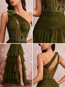 Elisanya Vestido de fiesta de gala de una sola manga con corpiño semitransparente, falda de tul con aplicaciones de flores, línea A con volantes, vestido formal largo elegante sin mangas para mujer, con abertura, calado y drapeado - Verde oliva