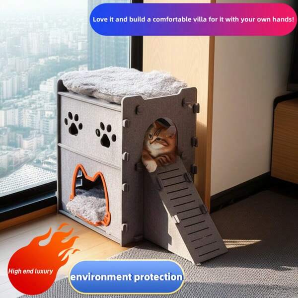 Casa de lujo para mascotas DIY: Casa de 2 pisos para gatos y perros, cama para mascotas moderna de interior, entusiasta de las mascotas, castillo único para conejos, villa para gatos, villa para perros, casa para gatos, casa para perros