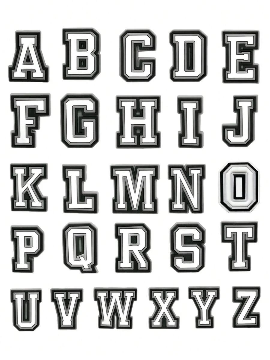 26pcs Black & White Letter Pattern Shoe Charms, Suitable For Slippers And Sandals, PVC Shoe Decor Accessories, Unisex, Christmas, Birthday, Party Gift