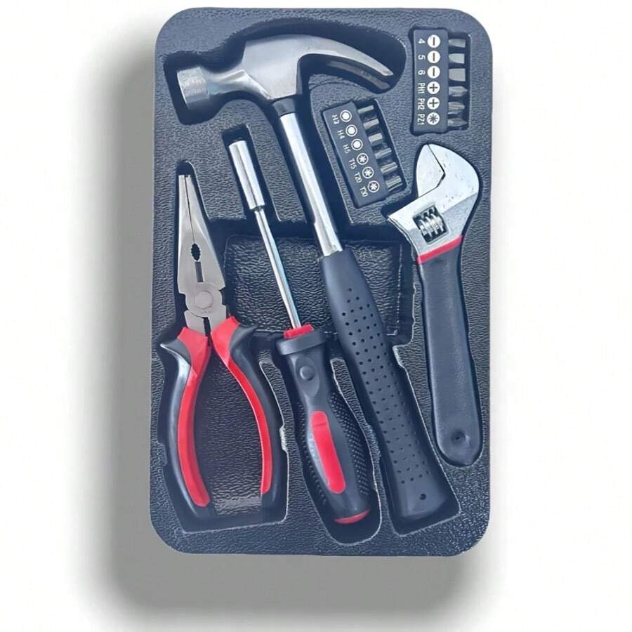 Caja de herramientas para el hogar de 16 piezas | Incluyendo martillo, destornillador, alicates, dado, etc. Juego de herramientas de reparación multifuncionales