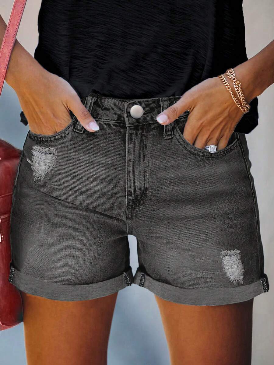 Casual Street Style Women Loose Denim Wide Leg Shorts, Fashion Summer - Black - View 1