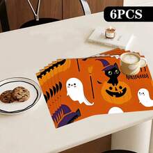 4pcs Halloween Ghost Print Placemats Set, Woven Polyester Rectangular Table Mats, Hand Wash Only, Kitchen & Home Decor, Indoor & Outdoor Dining Decoration - Multicolor - View 20