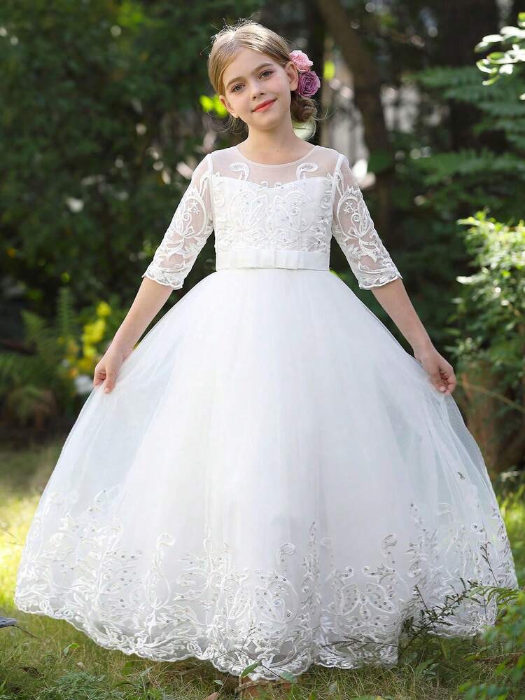 少女露背镶钻珍珠中长连衣裙，刺绣花朵亮片网纱裙，少女公主裙，花童婚礼派对正式礼服 - 白色 - 查看 7