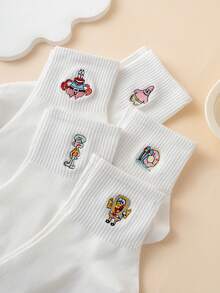 SpongeBob SquarePants 5双装女士可爱卡通刺绣海绵宝宝系列章鱼图案中筒袜，男女通用，运动款，四季皆宜，欧码/美码，舒适透气，耐穿，色彩丰富，适合日常穿着，高档材质，不闷脚 - 白色 - 查看 4