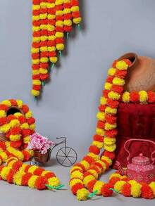 4.92 英尺 150 厘米长人造万寿菊花环，橙色和黄色万寿菊人造花用于装饰，人造万寿菊花家居装饰，婚礼派对背景装饰，人造花环用于装饰，传统装饰，用于普迦、圣诞节、万圣节装饰、排灯节派对、亡灵节活动派对装饰、生日毕业礼物 - 彩色 - 查看 6