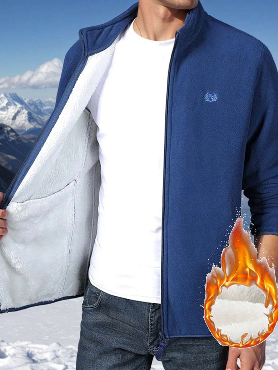 Men's Stand Collar Zip-Up Sweatshirt, Solid Color, Thermal Lining, Thickened Jacket For Outdoor Activities Like Hiking, Suitable As Gift,Fleece