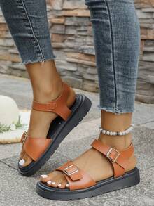 Sandali con suola spessa di colore unito, nuovi sandali estivi stile europeo americano con cinturini, punta aperta e stile romano, taglie comode