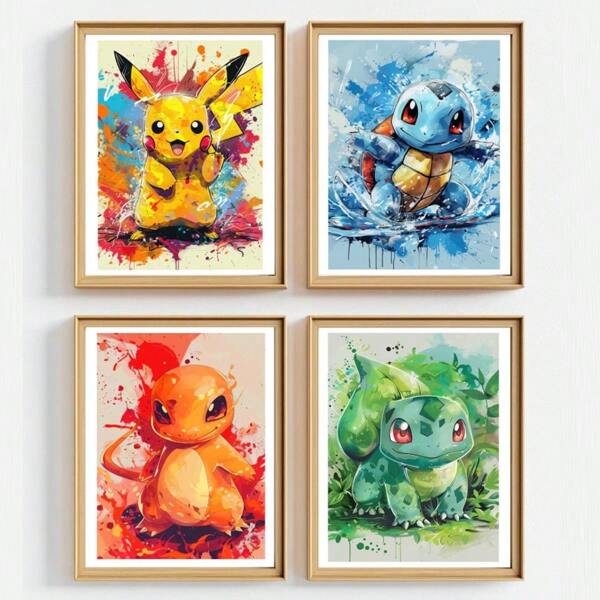 pokemon Set de 1/3 Pièces Œuvres murales Affiches, Affiches Anime Pop Pokemon, Impressions Anime Pikachu et Carapuce, Décoration moderne de bureau, d'étude, de dortoir, de salle de bain, de salon, de chambre à coucher, de la maison (sans cadre)