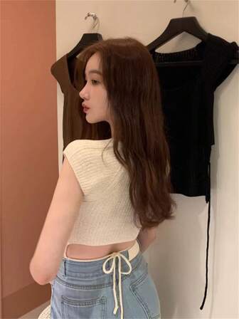 女士时尚方领系带短袖针织上衣，修身时尚，适合夏季