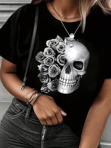 Skull & Rose Print T-Shirt, Short Sleeve Crew Neck Leisure T-Shirt For Spring & Summer, Women's Clothing - 黑色 - 查看 1
