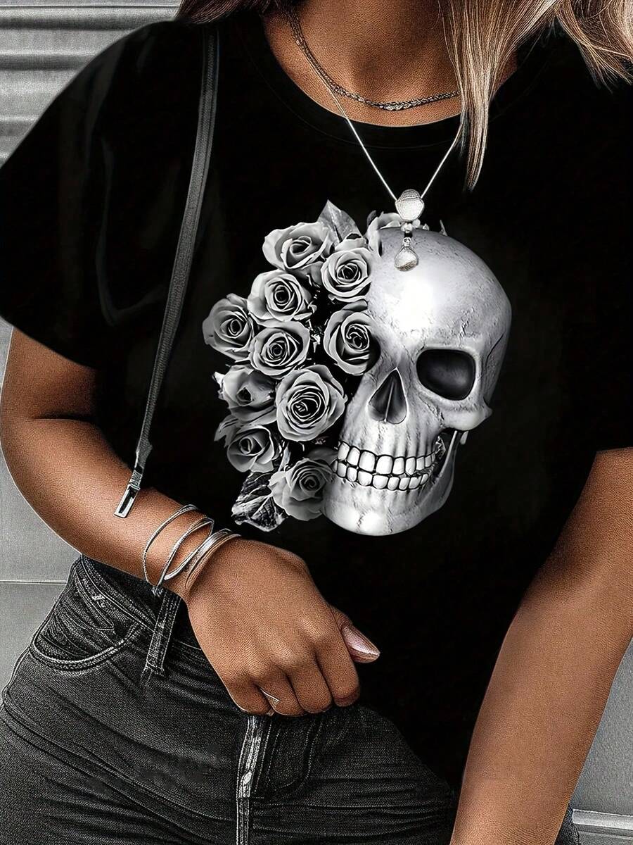 Skull & Rose Print T-Shirt, Short Sleeve Crew Neck Leisure T-Shirt For Spring & Summer, Women's Clothing - 黑色 - 查看 1