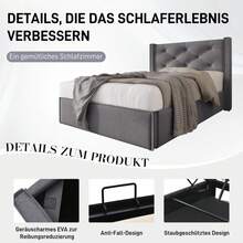 Hydraulic Single Upholstered Bed 90x200cm, Bed With Slatted Metal Frame, Modern Bed Frame With Storage Space, Cotton, Grey