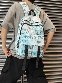 Casual Spacious Letter Print Multi-Pocket Snap Button Backpack, Unisex School/Travel Bag, Suitable For Students, School Season