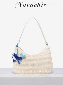 Borsa da donna con design minimalista di balena blu, decorazione da appendere a forma di animale marino, perline, catena a stella marina, borsa estiva, stile vacanziero costiero, borsetta a tracolla con chiusura lampo, ascella, hobo, adatta per uso quotidiano, vacanze, ecc.