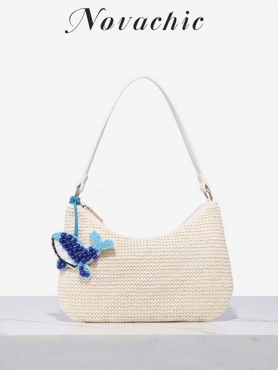 Borsa da donna con design minimalista di balena blu, decorazione da appendere a forma di animale marino, perline, catena a stella marina, borsa estiva, stile vacanziero costiero, borsetta a tracolla con chiusura lampo, ascella, hobo, adatta per uso quotidiano, vacanze, ecc.
