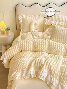 3pcs Bedding Set: White Checked Dobby Fabric Duvet Cover & Pillowcase With Lace Trim Decor