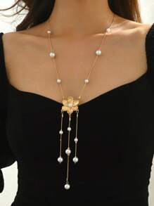 1pc Elegant Fashion Round Snake Chain Y-Shape Small Flower Pendant, 3 Strand Faux Pearl Beads Unique Women Long Necklace, Suitable For Casual, Daily, Party, Any Occasion
