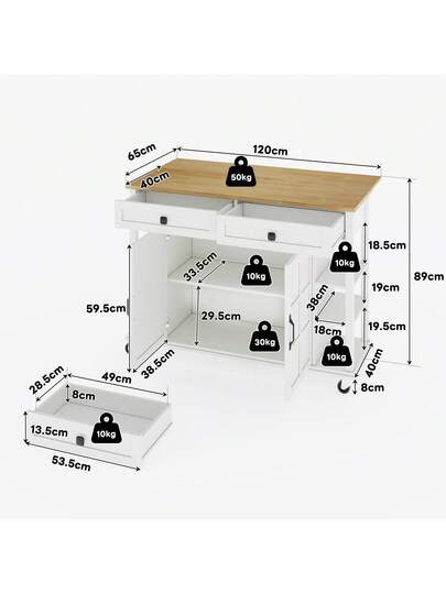 Sairedel Multifunctional Kitchen Trolley Folding Worktop, 120*65 Cm Exp able, Drawers, Spacious Storage, On Wheels Stylish Serving The Kitchen, Dining Room Living view 5