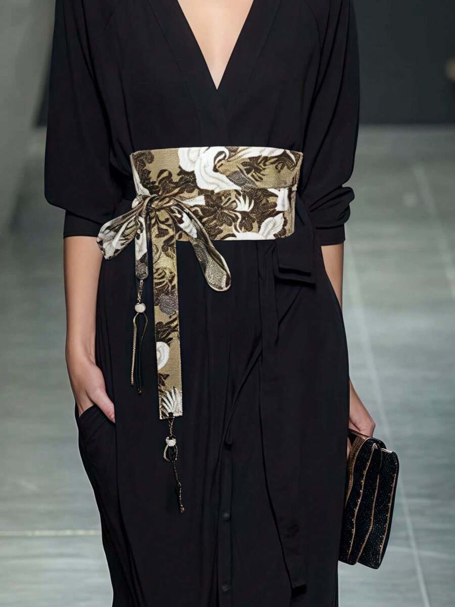 1pc Black Crane Tassel Waist Belt, Printed Stylish Wide Waistband For Women Fall, Autumn, Halloween - Multicolor - View 1