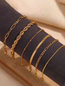 Bộ 6 chiếc/bộ thép không gỉ vàng 18K thời trang nữ nhiều lớp chuỗi hạt rắn mini cổ điển, chống xỉn màu, đeo hàng ngày, dự tiệc - Vàng - Xem 12