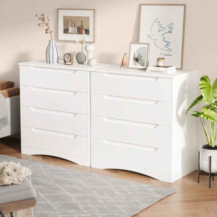 Asofer 4 Drawers Chest, White Dresser For Bedroom, Chest Of Drawers With Cutout Handles, Wood Dresser Storage Cabinet For Living Room, Hallway, Office - 白色 - 查看 1