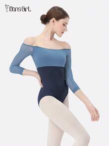 DonsGirl دانس جيرل قطعة واحدة للمرأة تصميم ساعد ثلاثي الأرباع مثير بإكتاف مكشوف مع تصميم شبكي متباين الألوان لزي الباليه والرقص والتمارين الرياضية بلدي حلو فتاة ياجا ملابس أداء رياضية - أزرق بحري - مشاهدة 11