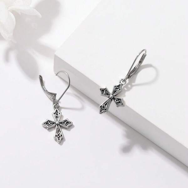 1 Pair Women 925 Sterling Silver Cross Lever Back Dangle Earrings, Birthday/Anniversary Gifts, Hypoallergenic