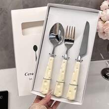 3 pezzi posate in acciaio inossidabile, coltello, forchetta e cucchiaio, set di posate, coltello da bistecca a forma di formaggio e forchetta, cucchiaio da dessert, forchetta, posate occidentali con manico in ceramica imitation