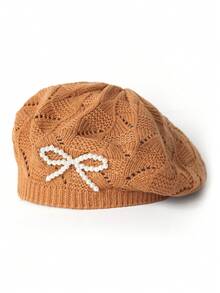 1 Stück Damen Baskenmütze mit Kunstperle-Schleife, gestrickt, Cut Out, einfarbig, modisch, lässig, vielseitig, Sommer, Strand, Urlaub, Reise - Verschiedenfarbig - Übersicht 24