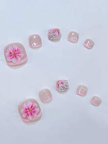 一套10片闪亮方形按压式脚趾甲，粉色手工脚趾甲，多功能手工3D花朵造型，粉色花瓣，粉色法式尖头设计，金色小钢珠装饰，闪亮水钻和白色仿珍珠点缀，优雅性感风格，适合女性宴会脚趾甲，适合女性和女孩，可用于派对、婚礼、日常佩戴，包含工具包。手工按压式指甲。夏季脚趾甲。短脚趾甲。假指甲。美甲用品 美甲用品 指甲 手工按压式指甲 - 彩色 - 查看 4