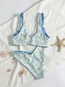 2pcs/Set Women Summer Beach Bikini Set, Butterfly & Shell Double-Sided Print Design, Reversible, Wide Strap Twist Swimsuit Top And Mid-Waist Swim Bottoms, Suitable For Pool Party And Beach Holiday - Blue - View 4