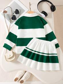 2 件套女孩休闲字母条纹印花半开领落肩长袖上衣运动衫和迷你裙套装，春秋季 - 綠色 - 查看 2