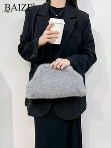 ENBEI BAIZE 优雅银色手拿包 - 大号化妆包，女士包，耐用，多功能女士沙滩包，亮片包，女士夏季钱包，适合日常使用和节日场合，舞会，婚礼闪光，婚礼手拿包，婚礼季节纪念品包