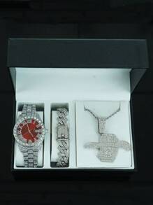 1 Set de joyería para hombre con colgante con signo de dólar con alas todo cubierto de rhinestone, reloj, pulsera, conjunto de joyería de lujo y glamoroso, accesorio de moda brillante